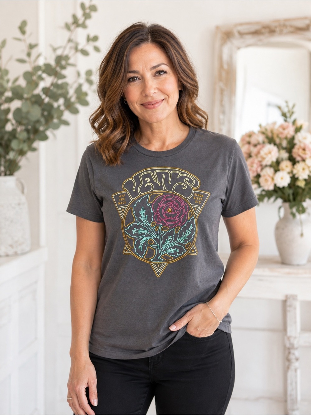 • Vans Rose Graphic T-Shirt Women’s XS Charcoal Gray Floral Off The Wall Tee